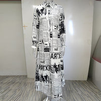 Women's Long Sleeve Newspaper Print Shirt Dress Button Down Casual Long Dress