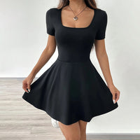 Women's Square Neck Short Sleeve Ruffle Hem A Line Flare Mini Basic Dress