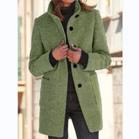 Women’s Woolen Stand Collar Coat – Fall Winter Casual Button Outwear with Pockets