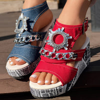 Newspaper Buckle Denim Wedge Slides - Anklet Not Included