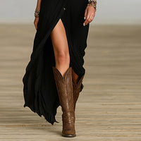 Solid Lapel Belted Maxi Dress – Button Front with Pleated High Slit