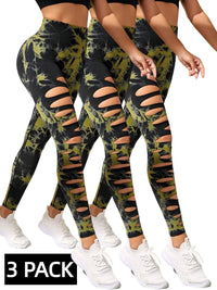 3 PACK Butt Hollow Out Tummy Control Sports Leggings Tie Dye Running Pants -