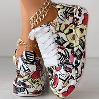 Women's Casual Round Toe Thick Sole Lace-Up Sneakers, Random Print Design, Comfortable Sporty Shoes For Daily Wear