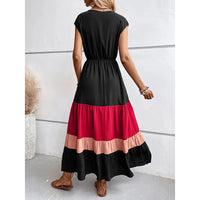 Women's Color Block Maxi Dresses V Neck Sleeveless Tiered Casual Dresses Loose Sundress