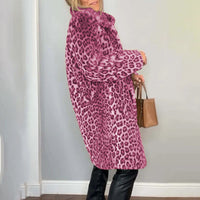 Women's Leopard Print Plush Jacket, Cozy Loose-Fit Warm Coat Elegant Medium-Length Fall Winter Outwear