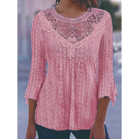 2023 Summer New Comfortable Leisure Hollow Out Perspective Lace Splicing Seven Quarter Sleeve Top