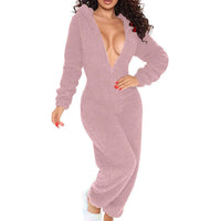 Women's Solid Color Plush Hooded Tracksuit Set Zip-Up Long Sleeve Top And Pants For Winter Loungewear