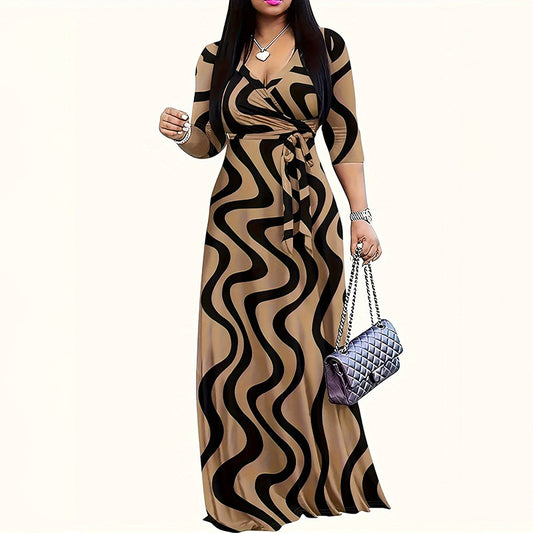 Women's Summer Geometric Print Maxi Dresses Casual 3 4 Sleeve V-Neck Tie Waist Long Dress