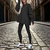 Women's Solid Color 2-Piece Set Casual Tracksuit, Long Sleeve Crewneck Sweatshirt With Side Slits & Slim Fit Jogger Pants