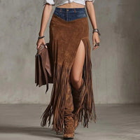 Boho Patchwork Maxi Skirt – Fringe Hem with High Side Slit
