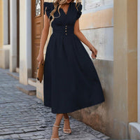 Women's Solid Color Sleeveless V-Neck Dress - High Waist Ruffled Hem Boho Flowy Summer Dress With Shoulder Frills, Casual & Party Dress