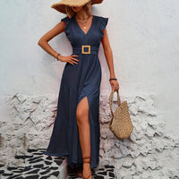 Women's Elegant V-Neck Maxi Dress Short Sleeve Solid Color High Slit Long Dress For Summer Tea Party & Casual Wear