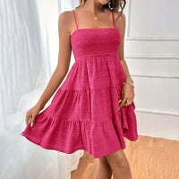 Women's Spaghetti Strap Sleeveless Smocked A-Line Swing Mini Dress, Elegant Casual Summer Dress
