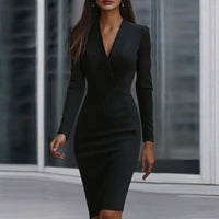 Women's Elegant Solid Color V-Neck Long Sleeve Midi Dress Slim Fit Office Dress For Spring & Summer