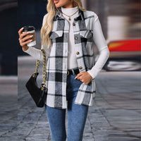 Women's Plaid Print Vest With Lapel Collar Long Sleeveless Button Front Mid-Length Jacket For Spring And Fall Layering