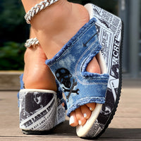 Newspaper Skull Original Hem Platform Wedge Slides - Anklet Not Included