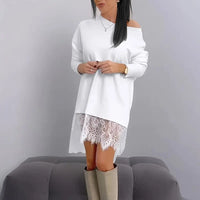 Women's Casual Long Sleeve Round Neck Sweatshirt, Asymmetrical Hem With Lace Detail Loose Top
