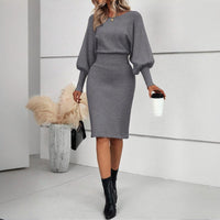 Women's Solid Color Round Neck Lantern Sleeve Bodycon Dress - Elastic Waist Knee-Length Knit Dress