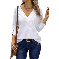 Womens Long Sleeve Eyelet Tops V Neck Fall Shirts Casual Loose Blouses Trendy Clothes