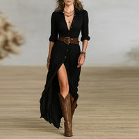 Solid Lapel Belted Maxi Dress – Button Front with Pleated High Slit