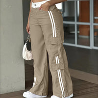 Women's Striped Straight Leg Pants Button Zip With Pocket Casual Trousers For Spring And Fall