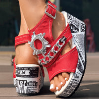 Newspaper Buckle Denim Wedge Slides - Anklet Not Included
