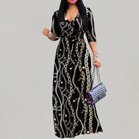 Women's Summer Geometric Print Maxi Dresses Casual 3 4 Sleeve V-Neck Tie Waist Long Dress