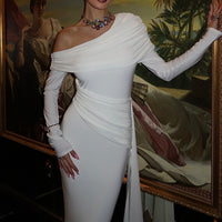 Women's Elegant One-Shoulder Ruffle Dress, Long Sleeve Bodycon Gown With Flowing Ribbon For Spring And Fall