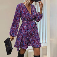 Women's Leopard Print Ruffle Hem Long Sleeve V Neck Belted A Line Dress