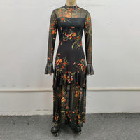 Women's Floral Print Maxi Dress, Sheer Mesh Flare Sleeve With Tiered Ruffle, Romantic Boho Casual Long Dress