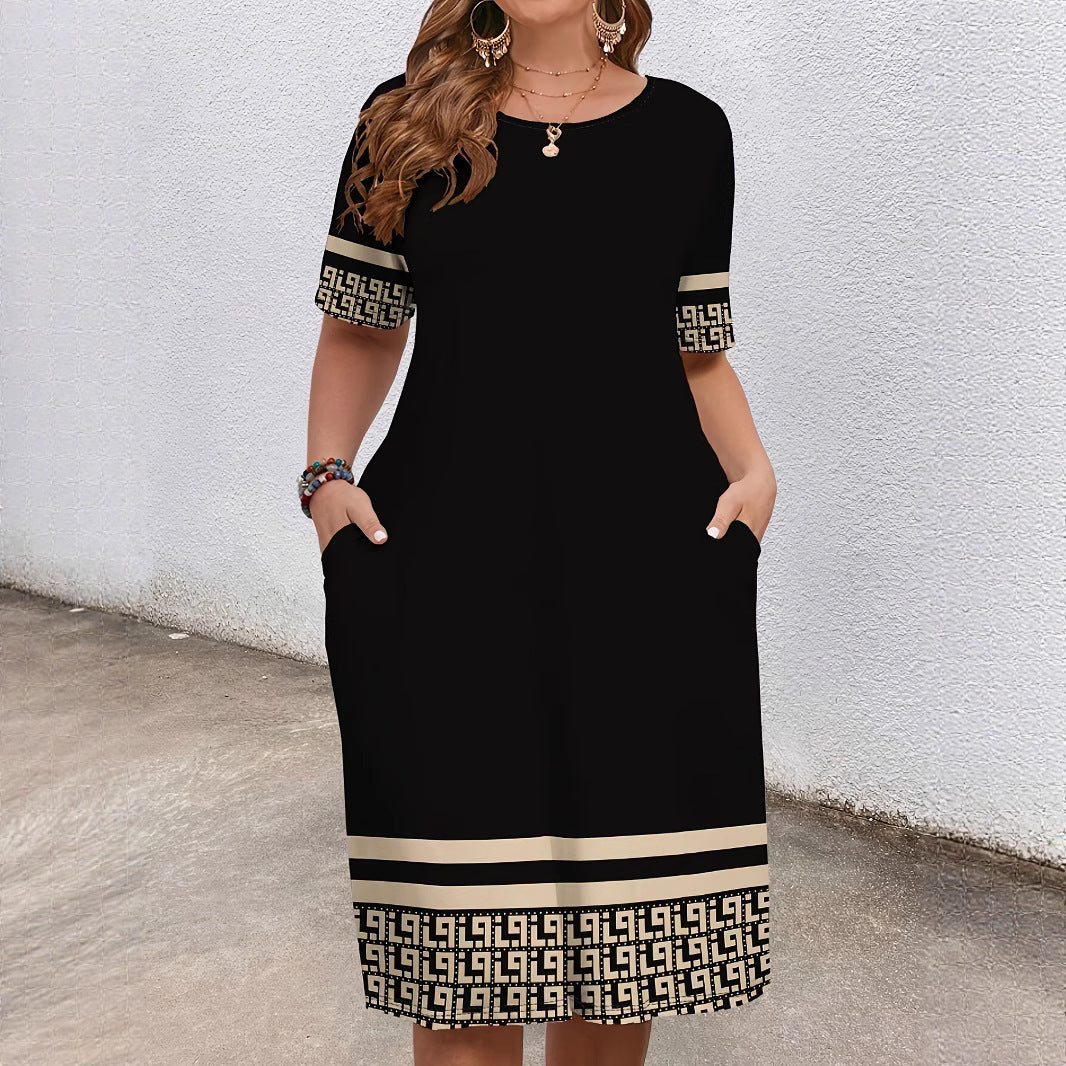 Comfortable Round Neck Fashion Elegant Contrast Color Short Sleeve Dress