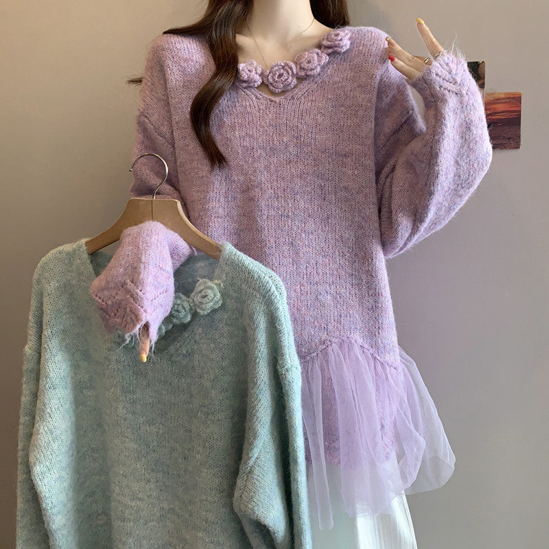 Plus Size Women's Floral Lace Trim Sweater, Long Sleeve Eyelet Knit Top With Decorative Flowers For Autumn And Winter