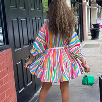 Women's V-Neck Rainbow Stripe Short Dress Three Quarters Sleeve Casual Summer Sundress With Tie Waist