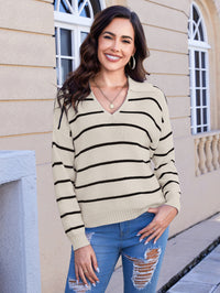 Women's Striped V-neck Long Sleeved Sweater