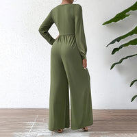 Elegant Cross V-Neck Belted Jumpsuit – Long Sleeve Wide-Leg Pantsuit