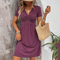 Womens Casual Summer Twist Front V Neck Short Sleeve Mini Dress