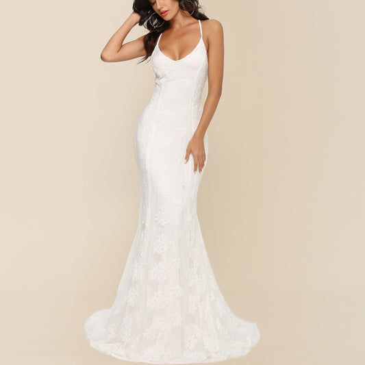 Sexy V-neck Brace Large Trailing Wedding Dress