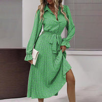 Women's Long Sleeve V Neck Button Down Belted A-Line Flowy Midi Shirt Dress