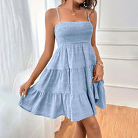 Women's Spaghetti Strap Sleeveless Smocked A-Line Swing Mini Dress, Elegant Casual Summer Dress