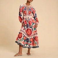 Women's Bohemian Floral Print Dress Cuff Long Sleeve Round Neck Maxi Dress For Spring&Fall