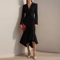 Women's Solid Color Notch Lapel Mermaid Dress Bodycon Office Dress With Asymmetrical Hem For Formal Events