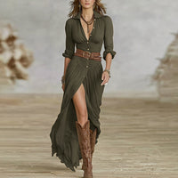 Solid Lapel Belted Maxi Dress – Button Front with Pleated High Slit