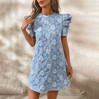 Women's Summer Mini Dress Short Sleeve Floral Jacquard Puff Sleeve Crew Neck Dress