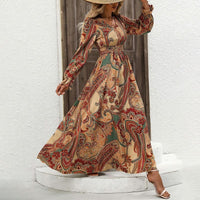 Women's V-Neck Floral Print Long Sleeve Maxi Dress - A-Line Hem With Lace Cuff Details, Elegant Bodycon Dress For Spring&Summer