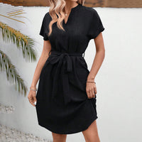 Women's Elegant V Neck Short Sleeve High Waist Summer Casual Dress With Belt