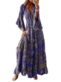 Bohemian Flare Sleeve Printed V-neck High Waist Holiday Dress Floral Female Dress