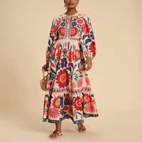 Women's Bohemian Floral Print Dress Cuff Long Sleeve Round Neck Maxi Dress For Spring&Fall