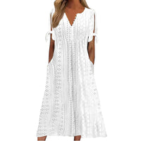Women's Eyelet V-Neck Maxi Dress Short Sleeve Flowy A-Line Summer Beach Dress