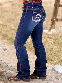 Women's Western Bootcut Jeans With Horse Embroidery, Mid-Rise Stretch Denim With Pink Contrast Stitching, Cowgirl Rodeo Style