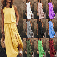 Women's Maxi Dress Summer Sleeveless Crewneck Sundress Casual Loose Long Dresses With Pockets